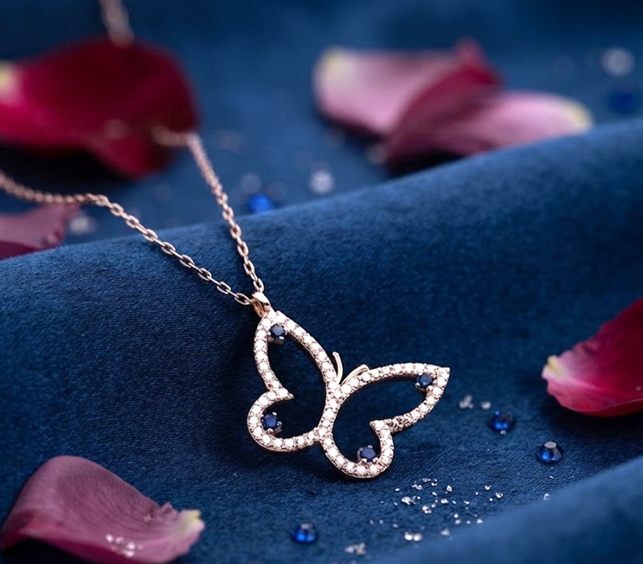 1.20ct Natural diamond 14k BIS Hallmarked rose gold Sapphire Butterfly Pendant