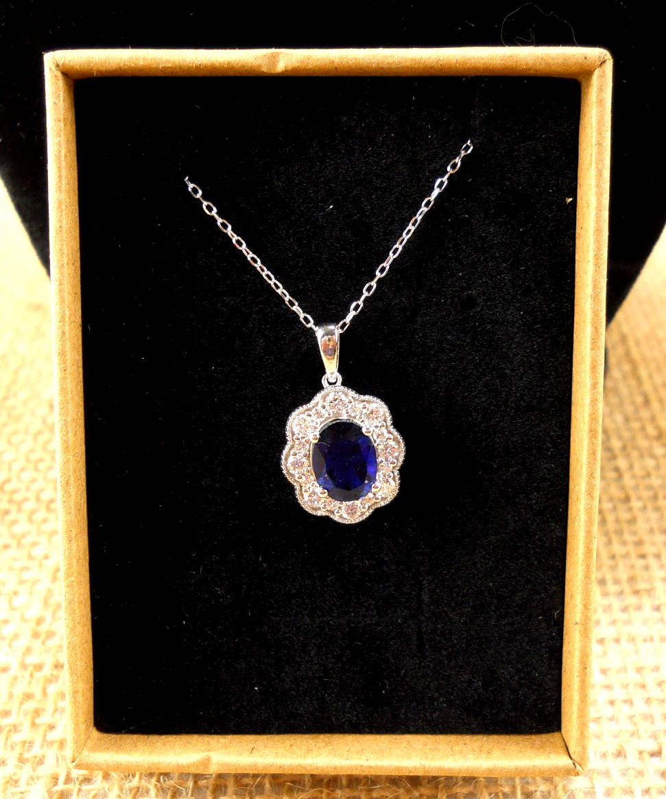 2.25 Ct Oval Sapphire and Lab Created Diamond Halo 925 Silver 18 in Necklace