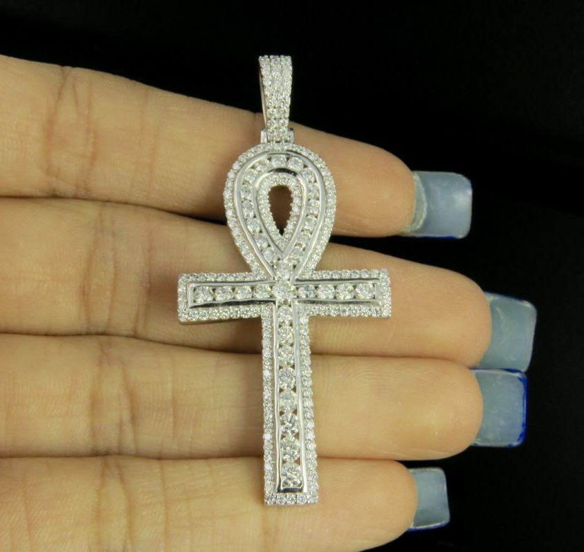 2.25Ct Round Lab Created Diamond Ankh Cross Pendant 14K White Gold Plated Silver