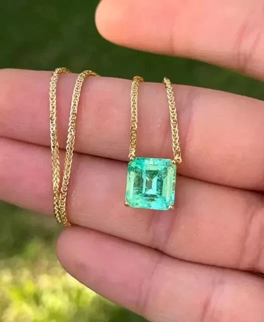 2Ct Asscher Cut Lab Created Emerald Solitaire Pendant 14K Yellow Gold Plated