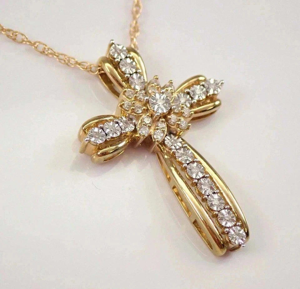 2Ct Round Cut Simulated Diamond Cluster Cross Pendant 14K Yellow Gold Plated