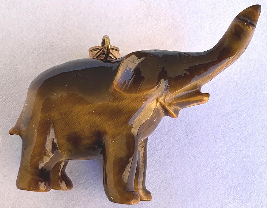 Beautiful 14K Gold and Natural Tiger Eye Stone Elephant Pendant
