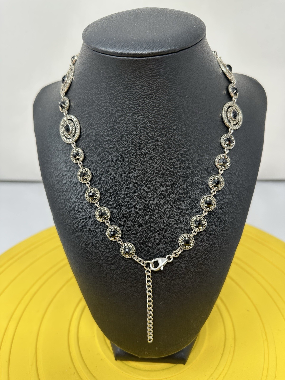 Sterling Silver Onyx & Marcasite Y-Drop Choker Necklace Modern Elegant 47g 17”+