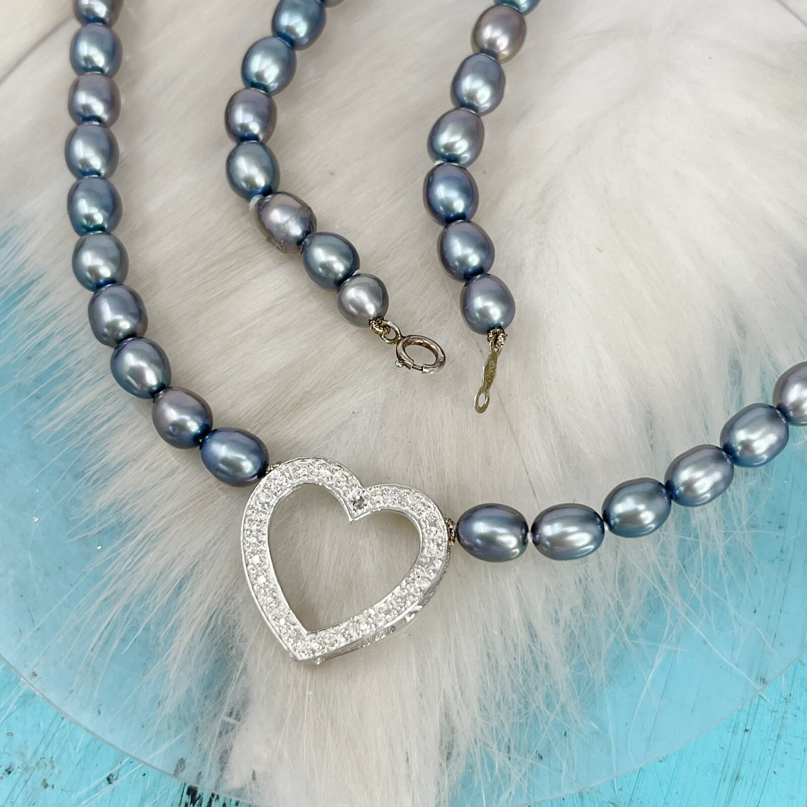 One Diamond Chip Freshwater Pearl Sterling Silver Heart Necklace Choker