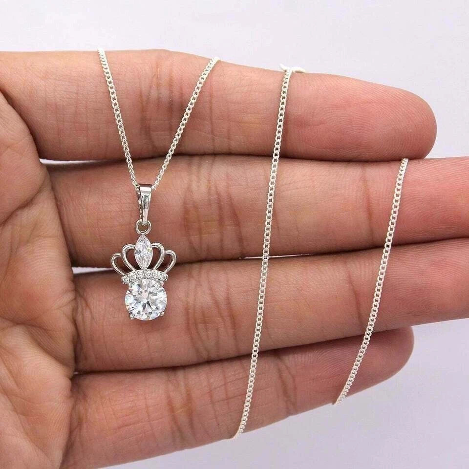 2Ct Round Cut VVS1/D Diamond Crown Pendant Necklace 14K White Gold Finish Chain