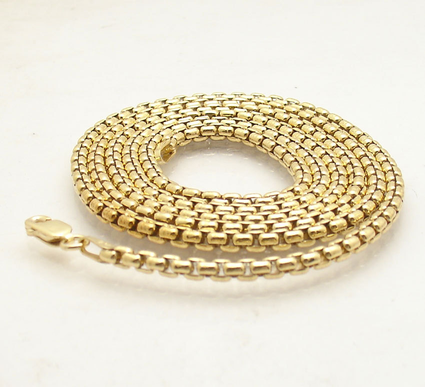 3mm Solid Round Box Chain Necklace 14K Yellow Gold Clad Sterling Silver 20″ 24″