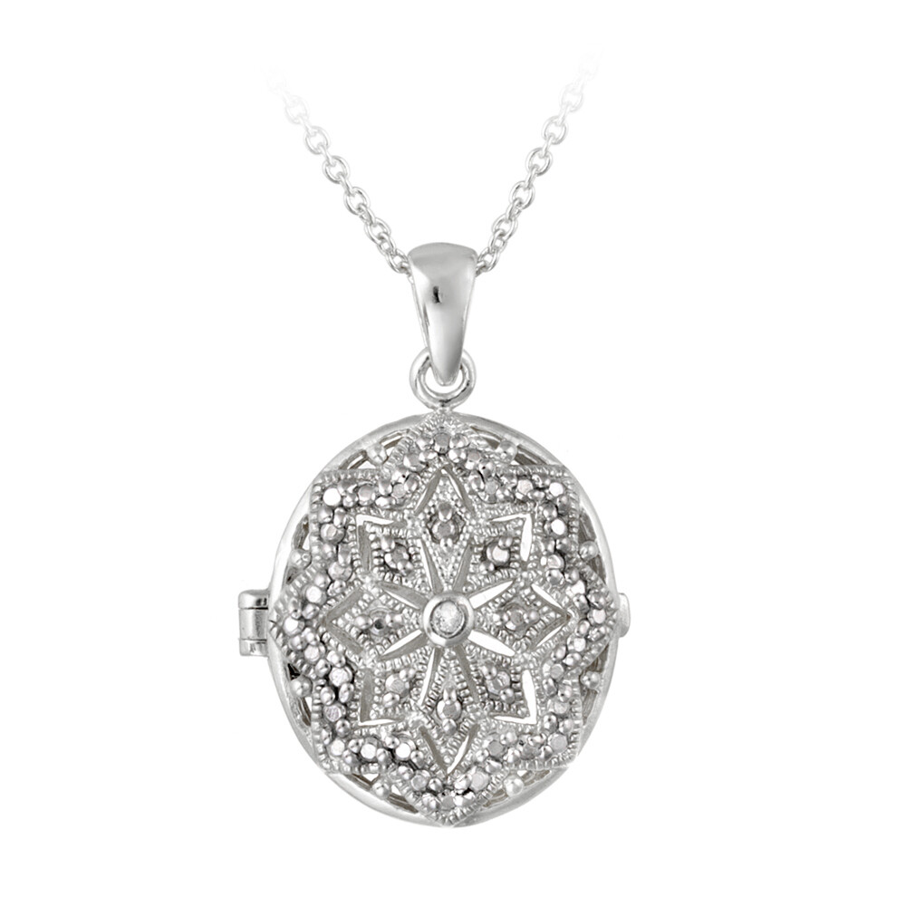 Silver Tone Brass Diamond Accent Filigree Oval Locket Necklace, 18″