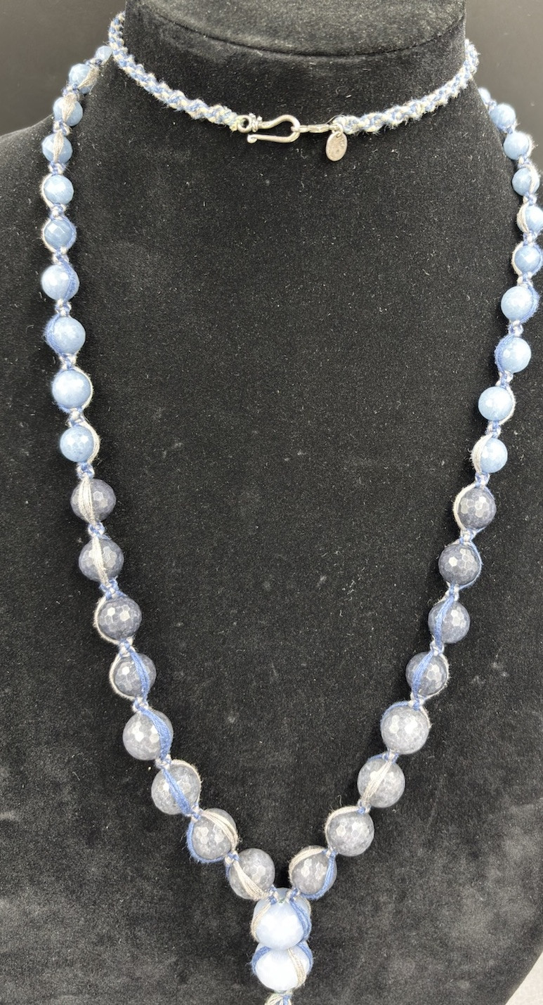 Chan Luu Signed Sterling Silver Blue Lace Agate Quartz Tassel Beaded Necklace