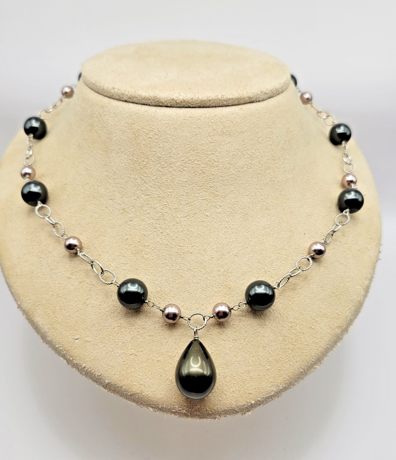 Sterling Silver Peacock Pearl Twist Cable Link Pendant Necklace ~ 18″