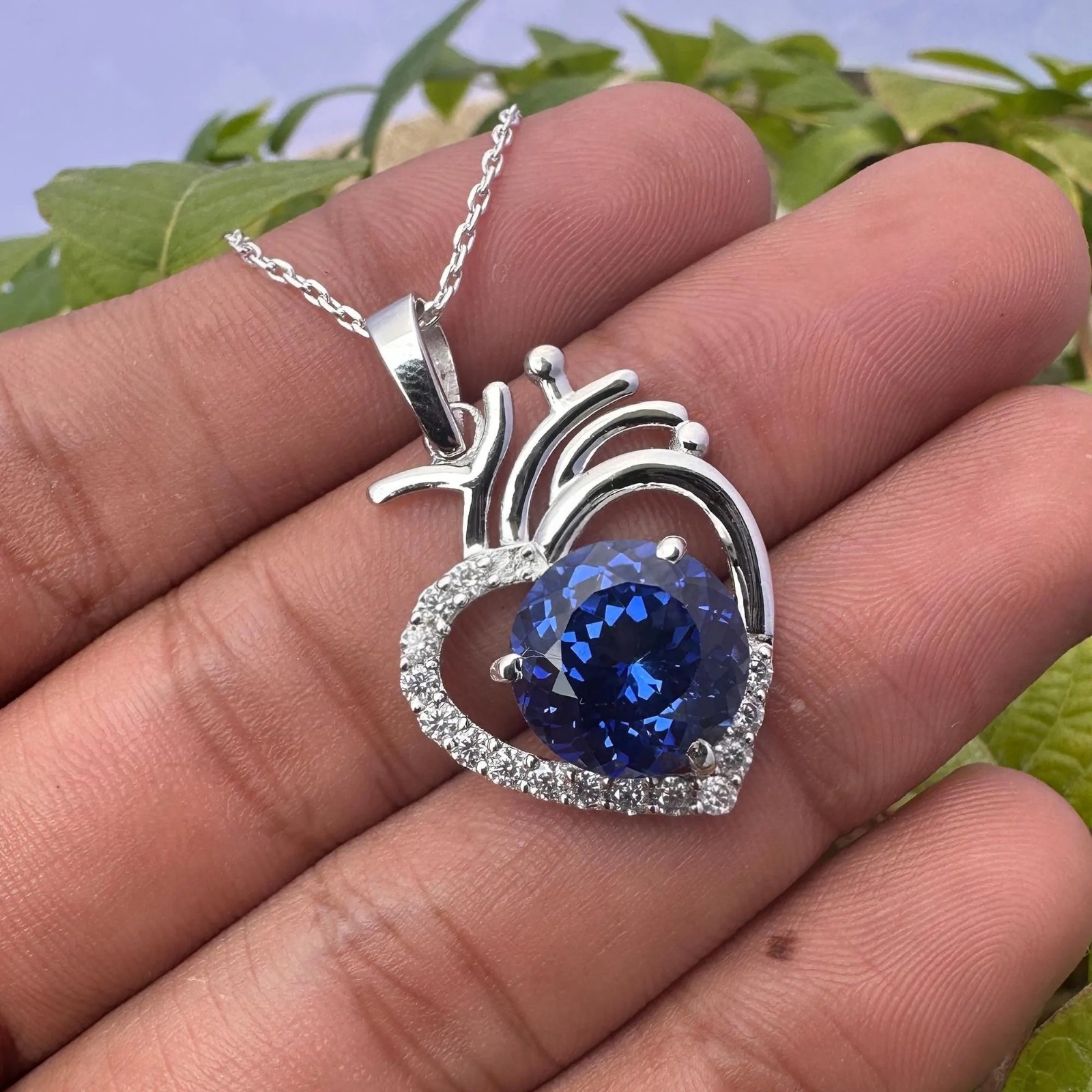 Certified Blue Sapphire 29 Ct Heart Pendant Necklace 925 Sterling Silver