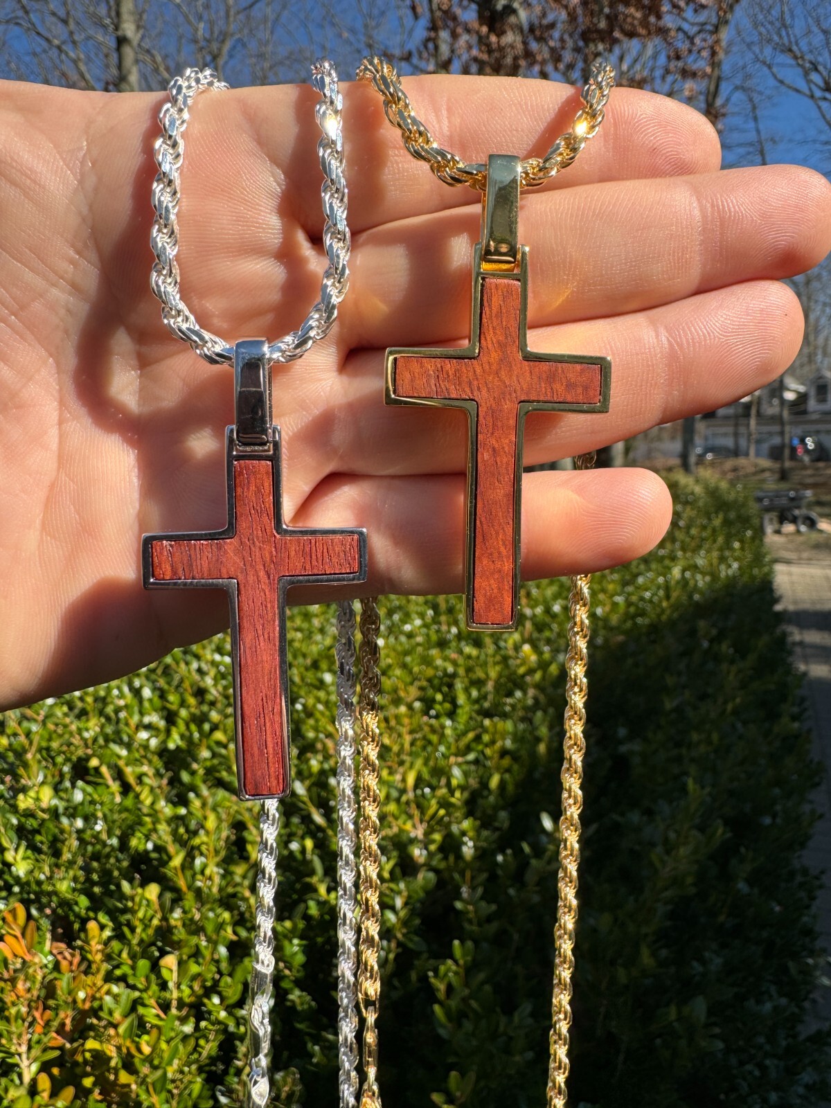 Large Mens Real 925 Silver & Wood Inlay Plain Religious Cross Pendant Necklace