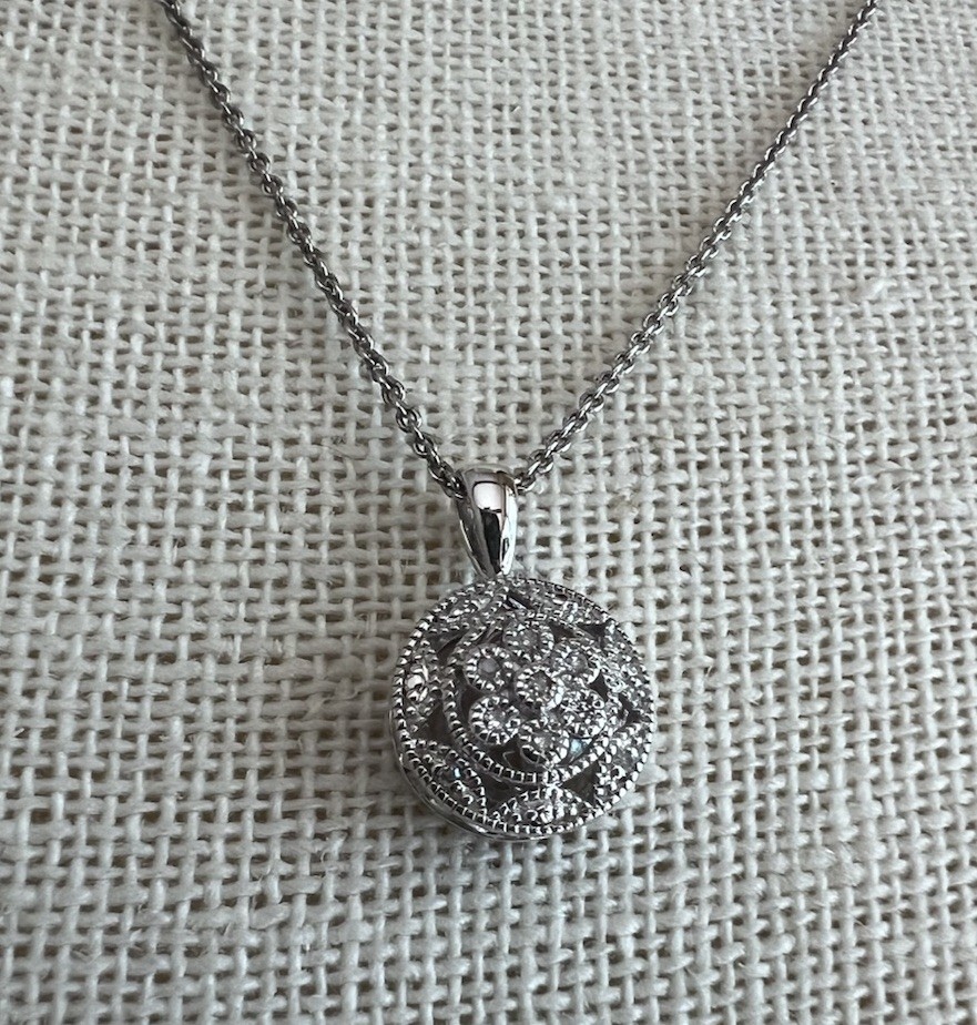 Sterling Silver Diamond Necklace Round Pendant .925 Flower Filigree $200 Retail