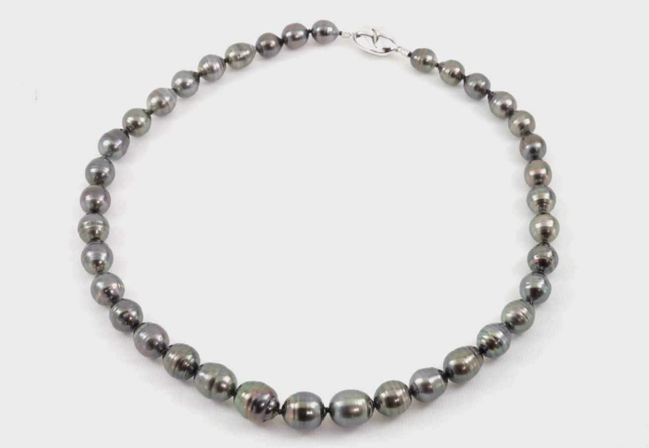 Black South Sea Pearl Necklace 8-12mm 18″ Silver Clasp Japan Jewelry Maki