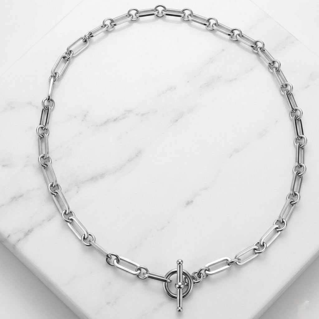 Paper Clip Rolo Circle Chain Toggle Necklace Anti-tarnish Real Sterling Silver