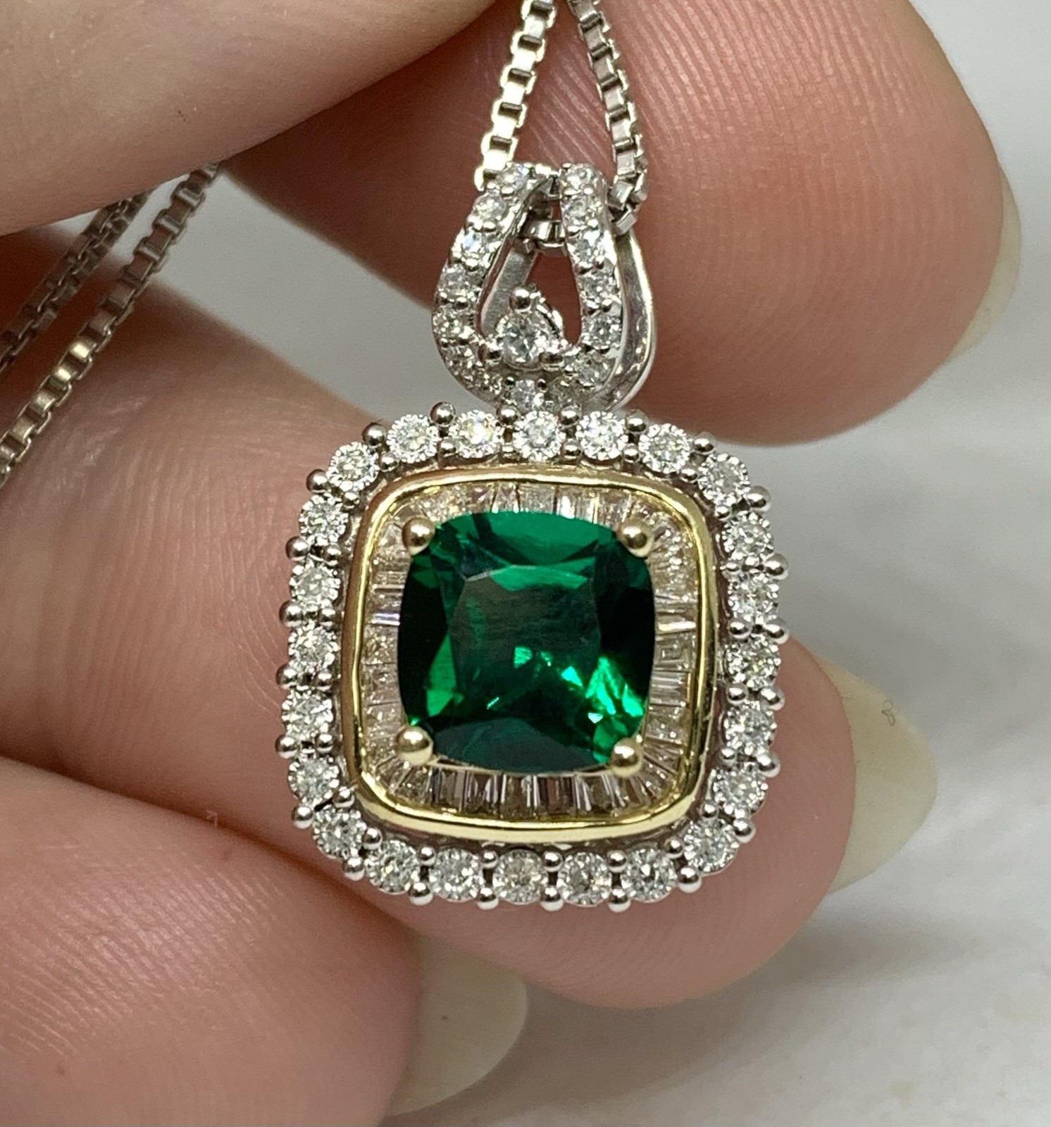 10k Yellow White Gold App 2.5ct Natural Diamond Double Halo Lab Emerald Pendant