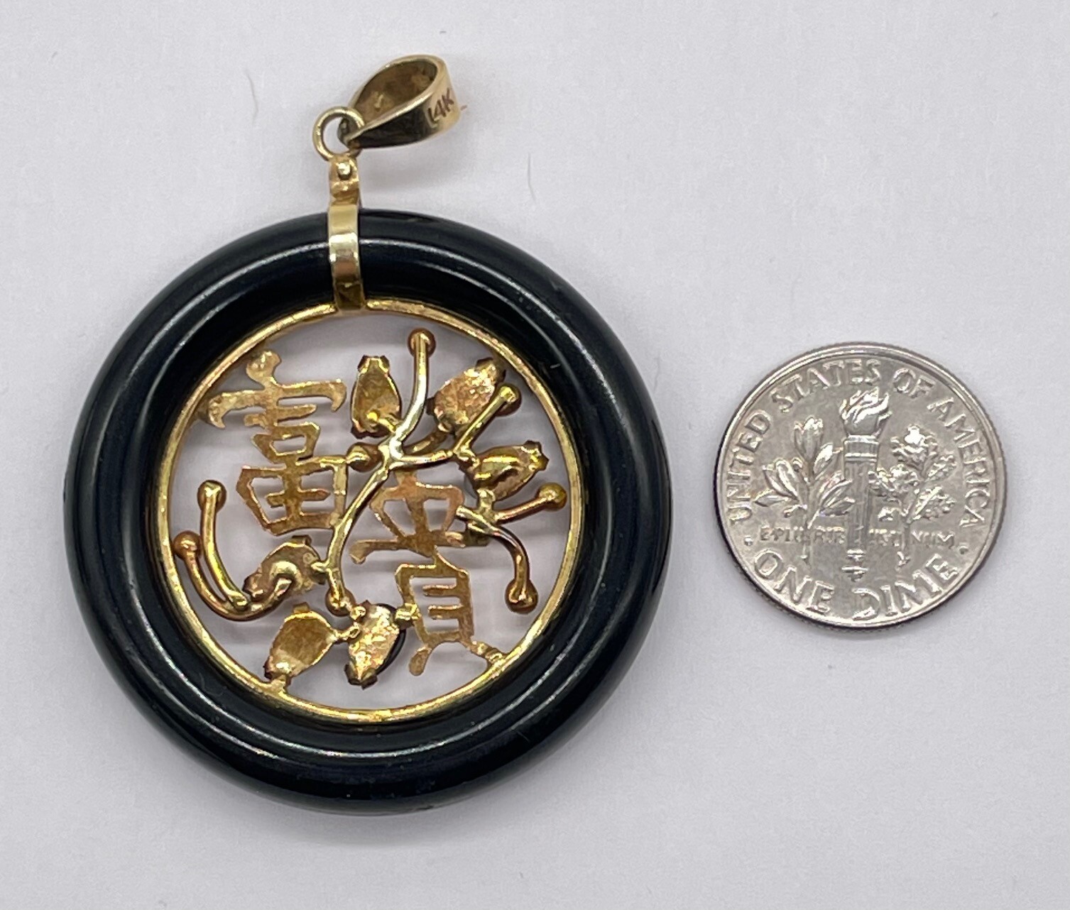 14k Yellow Gold Black JADE Circle / Multicolor JADE Pendant–1-1/2″ Diameter