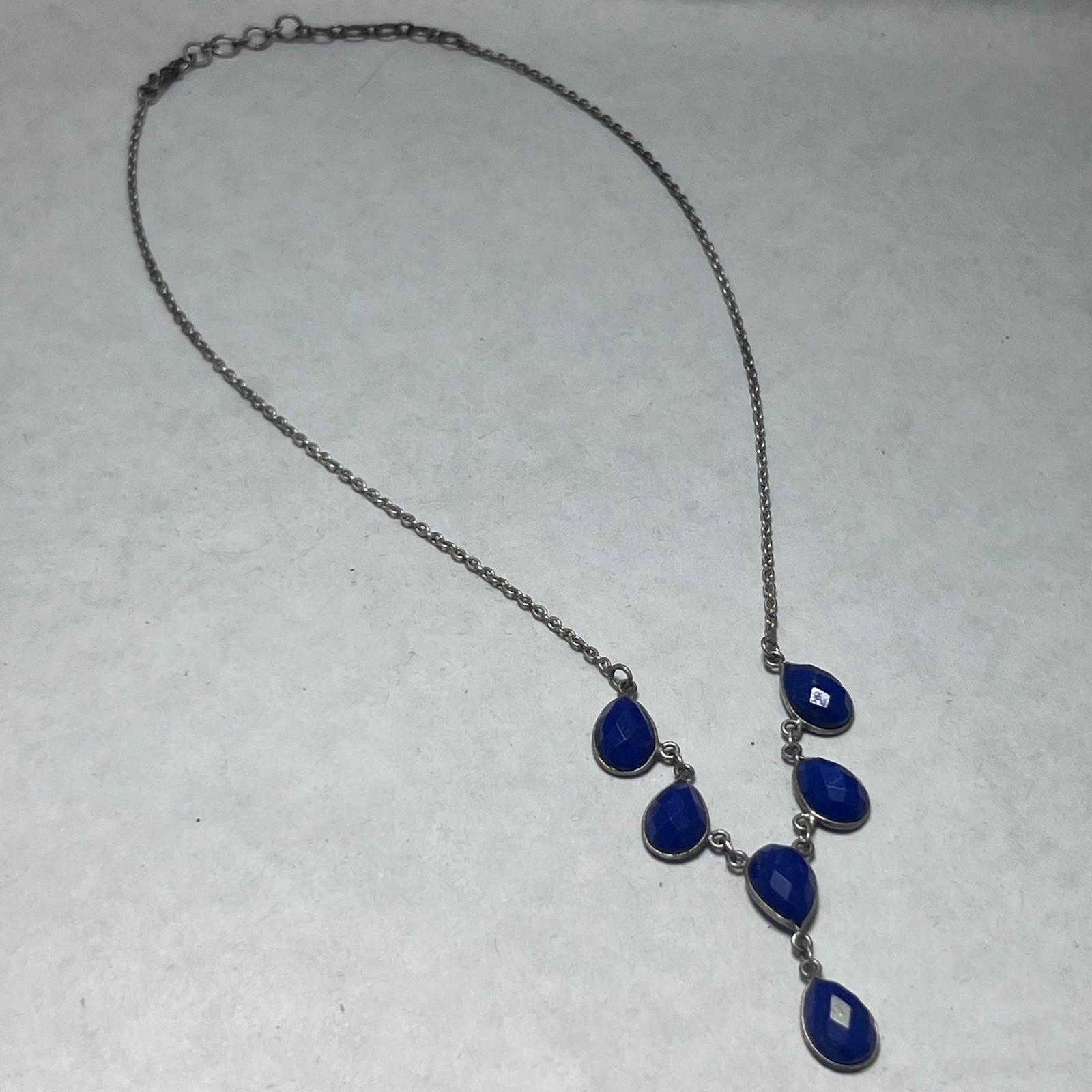 Sterling Silver Lapis Lazuli Faceted Teardrop Drop Necklace Blue Gemstone 925