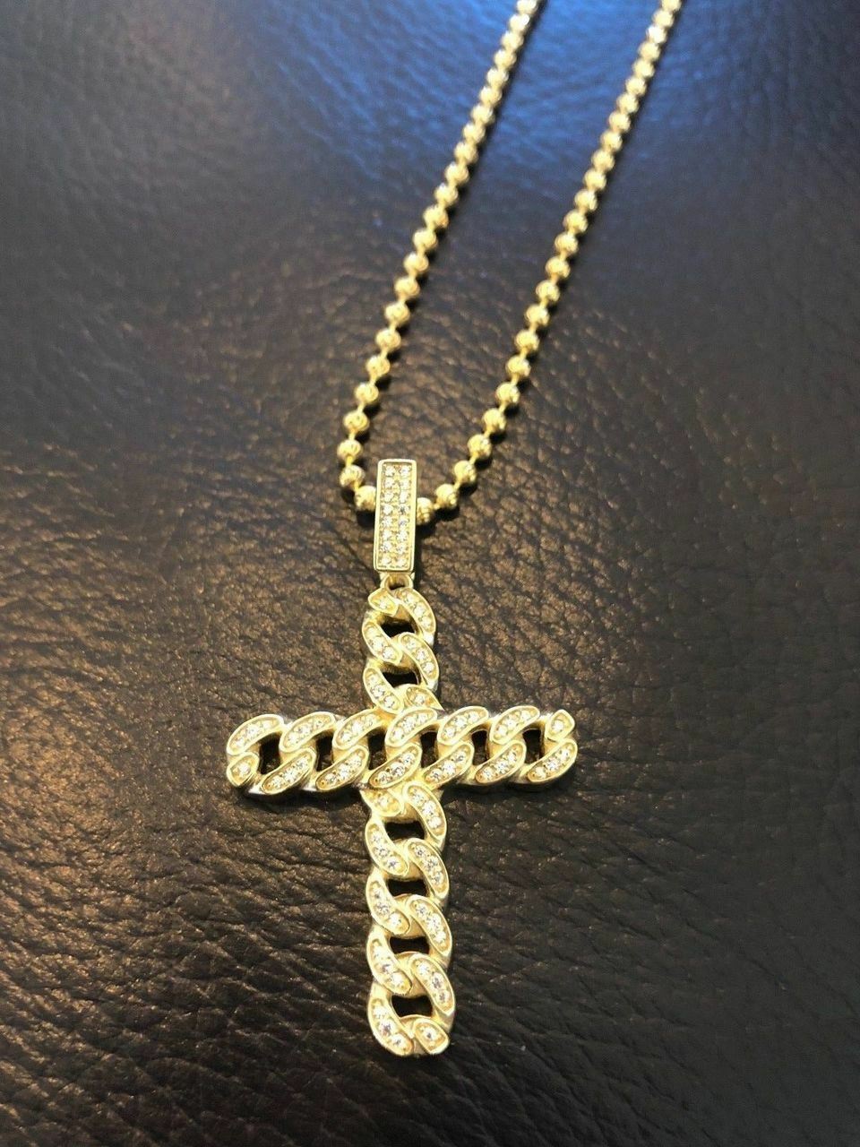 Cuban Link Cross Pendant W. Chain Sterling Silver 925 *14k Gold Plated* CZ