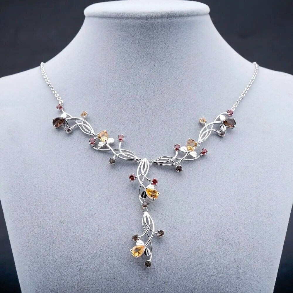 Natural Garnet Citrine 925 Silver Handmade Vintage Bridal Wedding Necklace