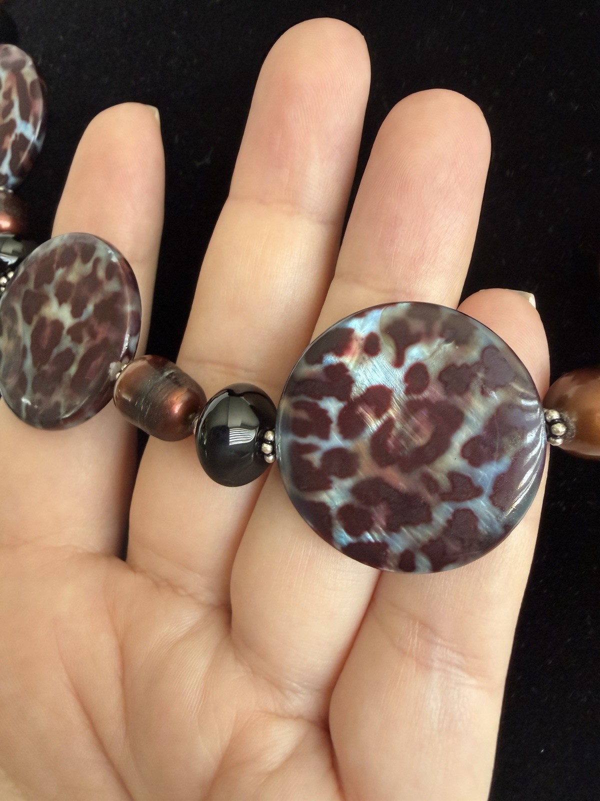 NWT Donna Dressler Leopard Print Agate Necklace 925 Genuine Onyx and Pearls!
