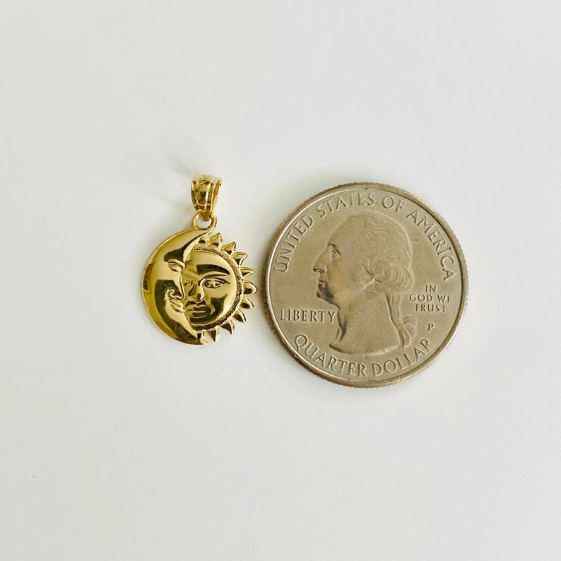 14K Real Gold Sun and Moon 19mm / 0.74″ Small Celestial Sun Moon Pendant -PT1936