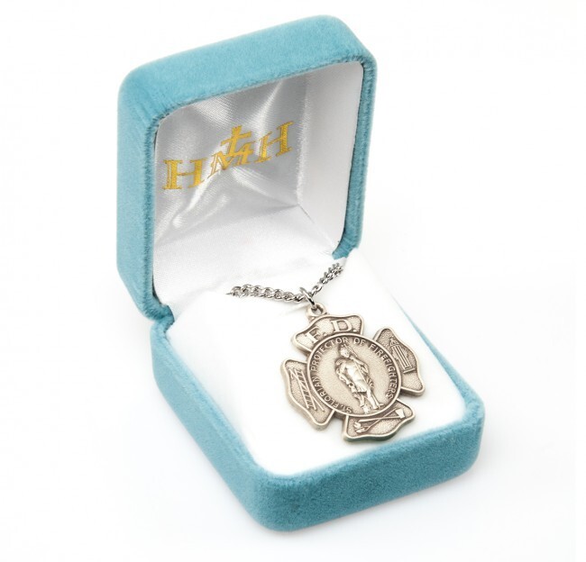 Saint Florian Sterling Silver Cross 1.2″ Medal, 24″ Chain, Gift Box, US Made