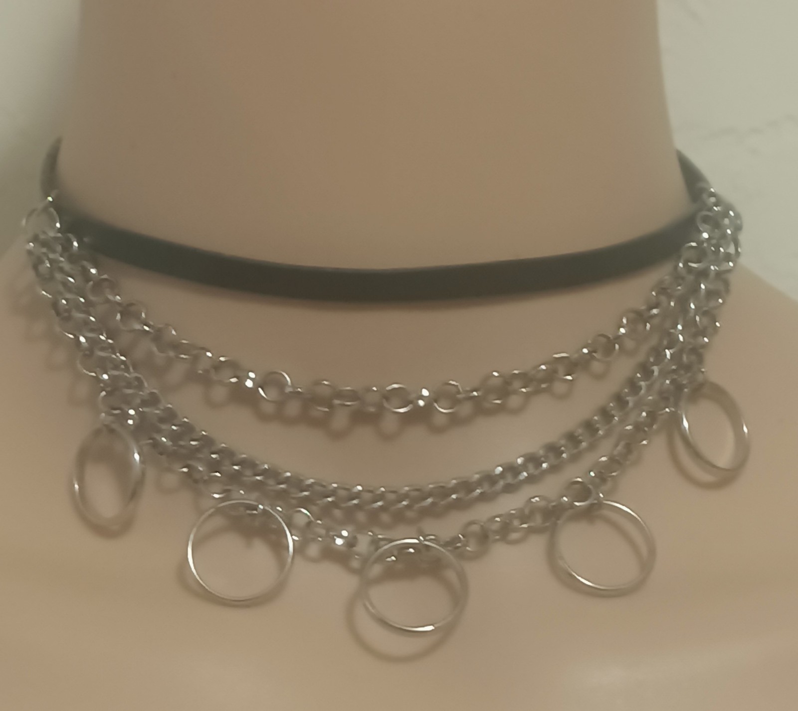 Gothic Black Leather Punk Chain Choker Layered O Ring Charm Necklace 14 Inch