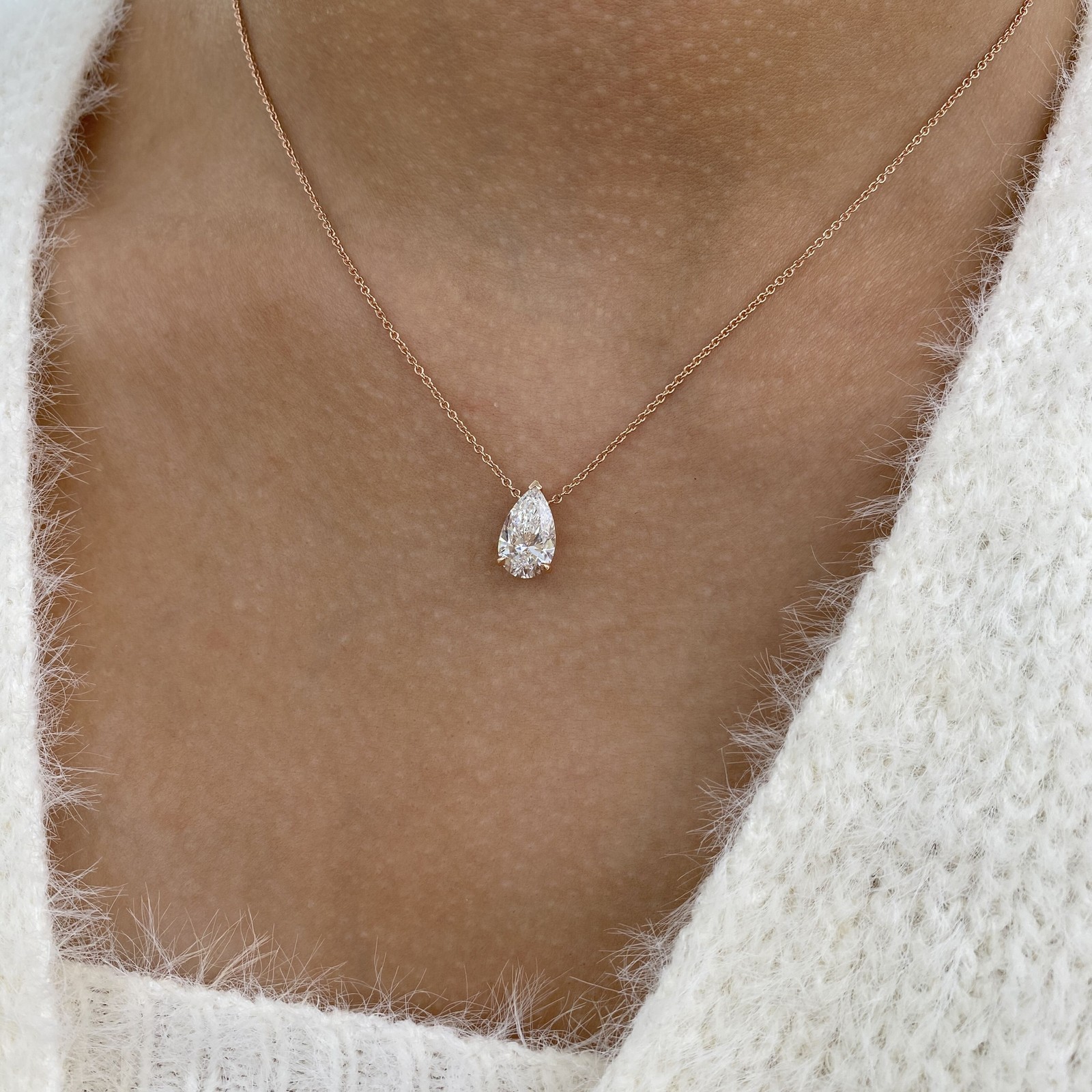 2ct Pear Pendant Necklace Rose Gold 14K Labcreated Diamond E/VVS2 Cert