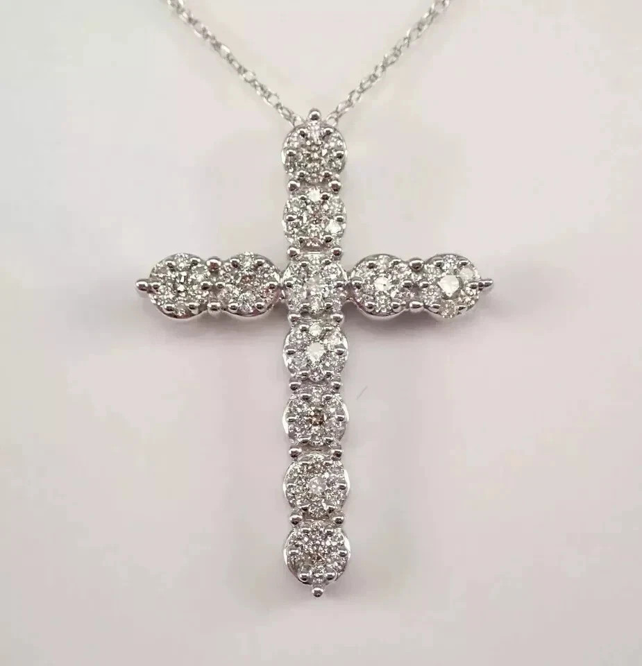1.50 Ct Round Lab Created Diamond Cross Pendant 14K White Gold Plated Free Chain
