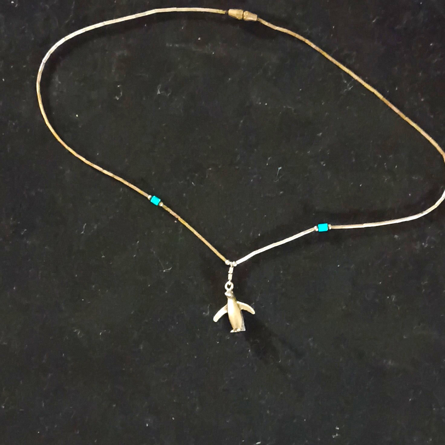 925 Liquid Silver Penguin Charm Pendant Necklace with Blue Turquoise Beads,
