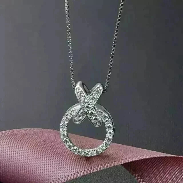 2Ct Round-Cut Real Moissanite 14K White Gold Plated Women’s XO Beauty Pendant