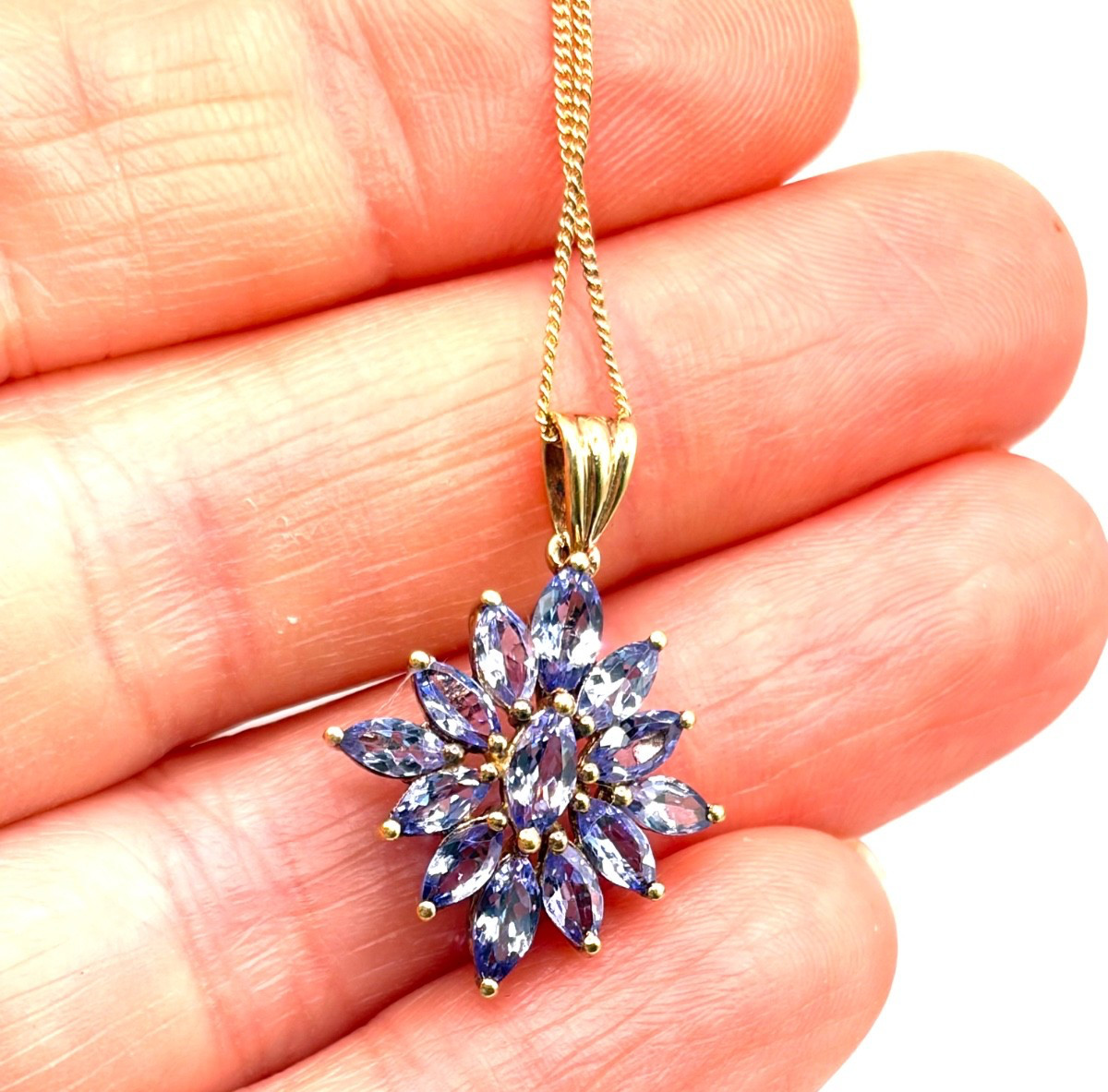 New Sterling Silver Gilt Tanzanite Cluster Pendant Necklace
