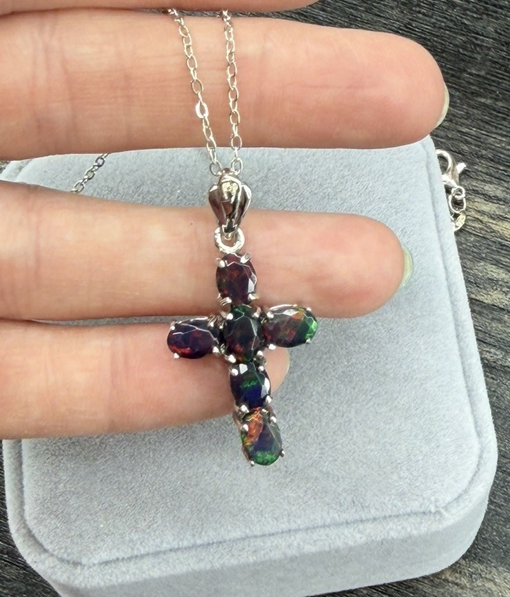 Stunning Natural Rainbow Black Opal Cross 3CT Pendant Necklace 925 Sterling