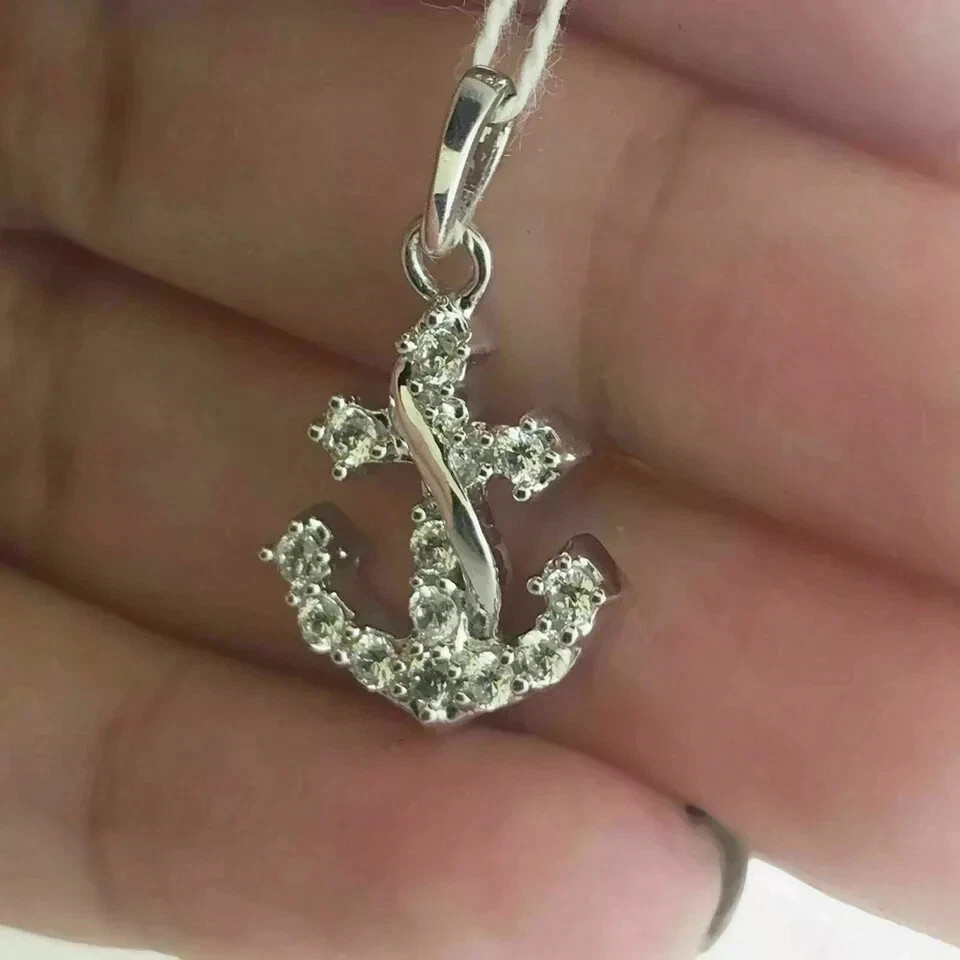 1Ct Round Cut VVS1 Diamond Anchor Shape Pendant 14k White Gold Finish Free Chain