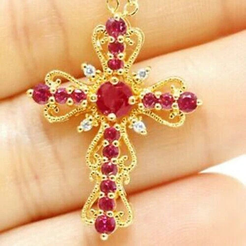 2.70Ct LabCreated Diamond Round Ruby Unique Cross Pendant 14K Yellow Gold Finish