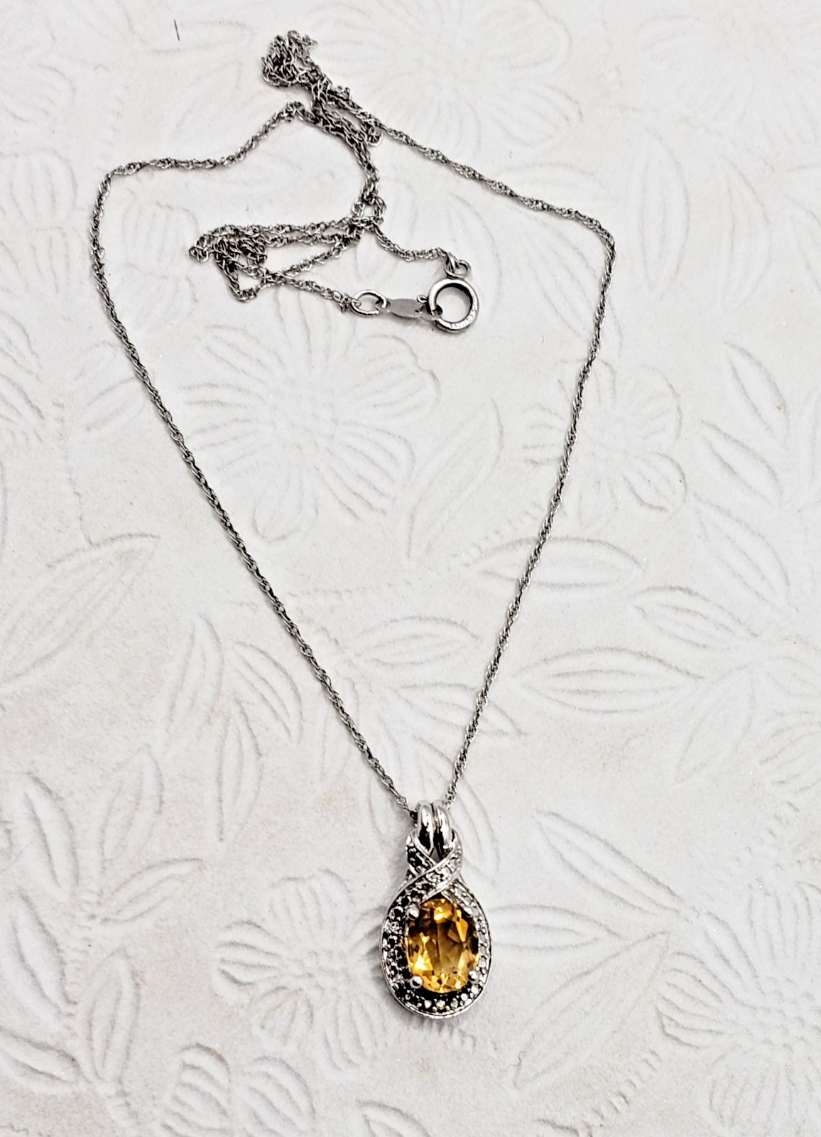 Yellow Oval Citrine & CZ Halo Pave Pendant Necklace 18″ Sterling Silver 925