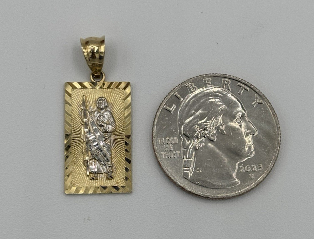 14K Yellow Gold San Judas Religious Pendant Diamond Cut Rectangle 1.22″ 1.94g