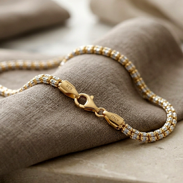 Two-Tone Gold 3mm 4mm Diamond-Cut Ice Chain Necklace 16″-24″ 925 Sterling Silver