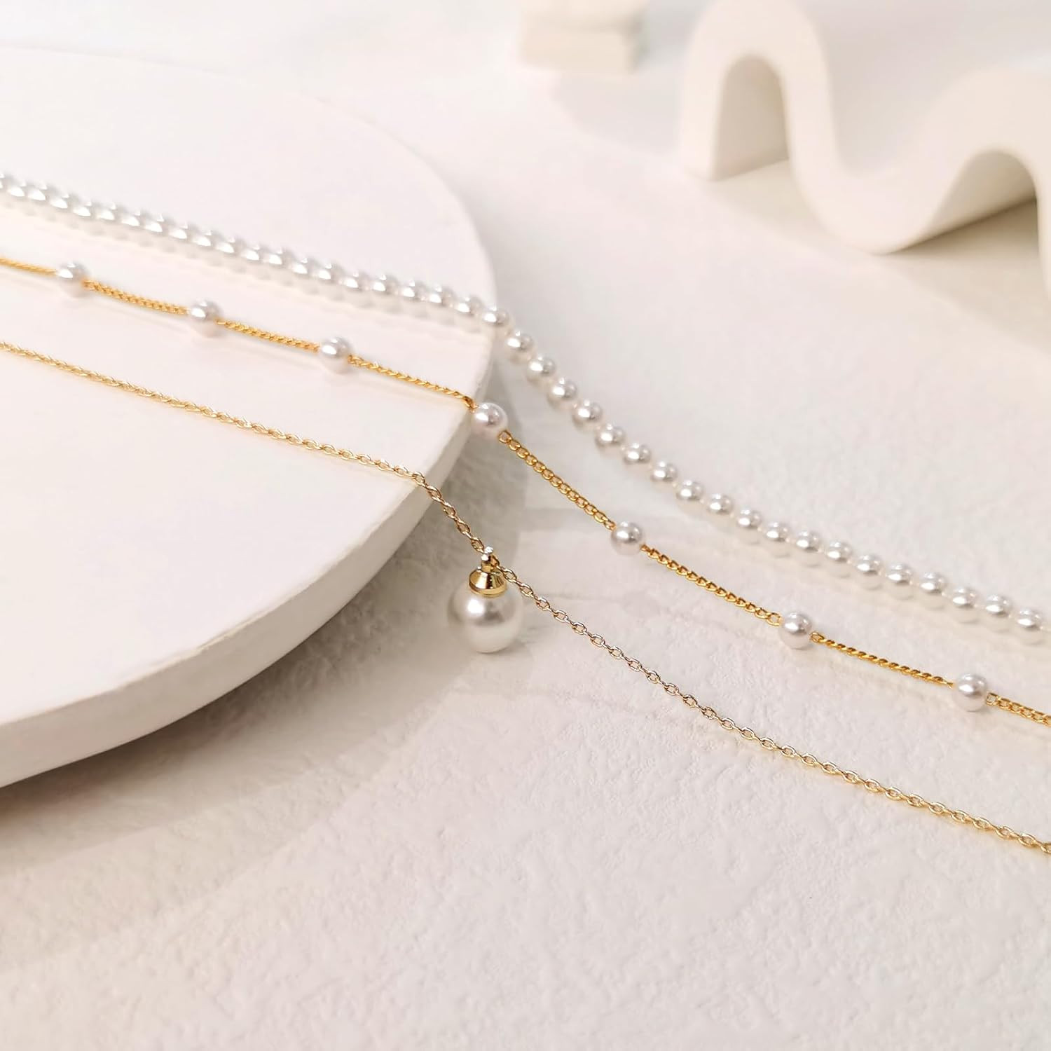 Gold Pearl Necklace for Women, Dainty 14K Gold/Silve Plated Layered Pearl Choker