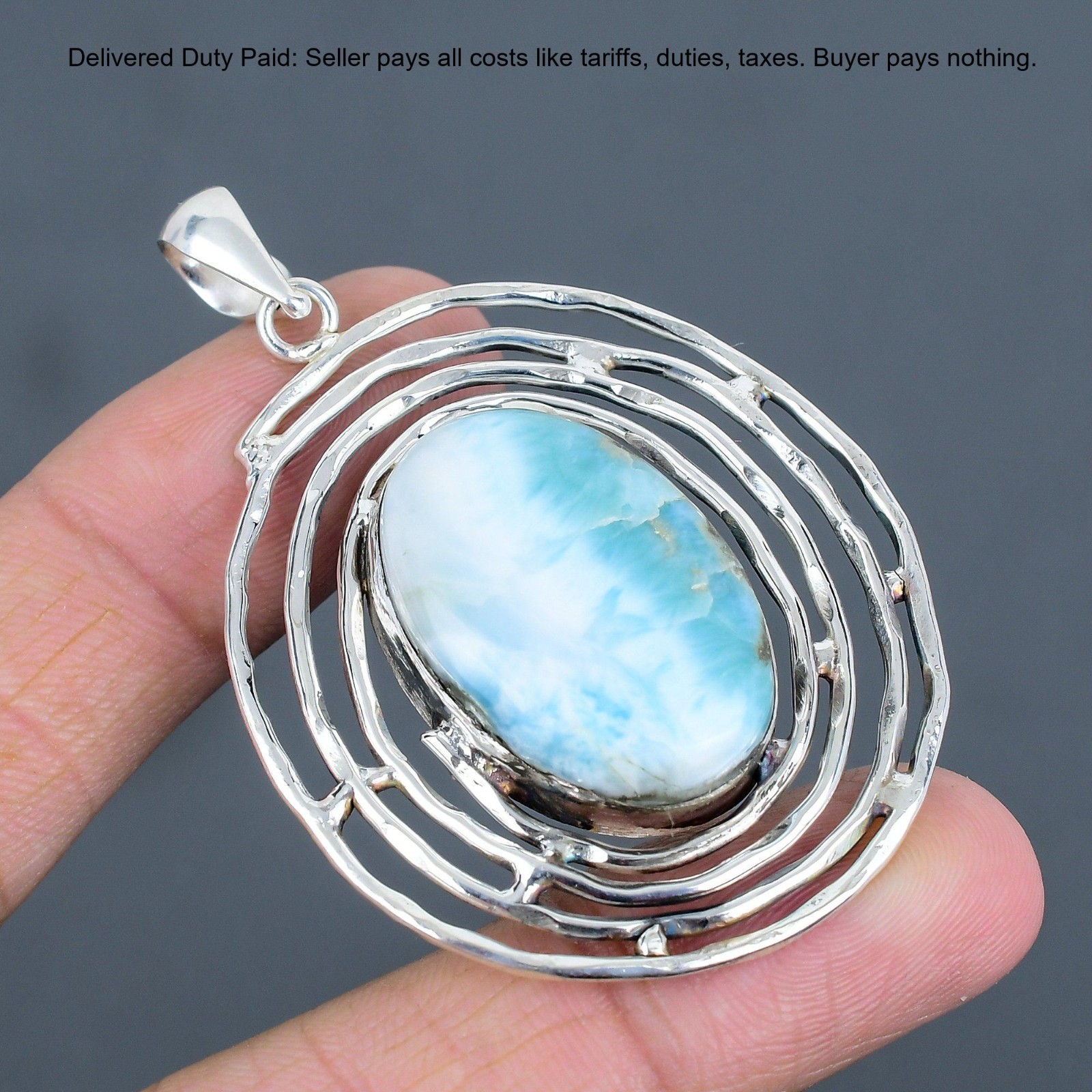 925 Sterling Silver Oval Larimar Gemstone Throat Chakra Birthday Sister Pendant
