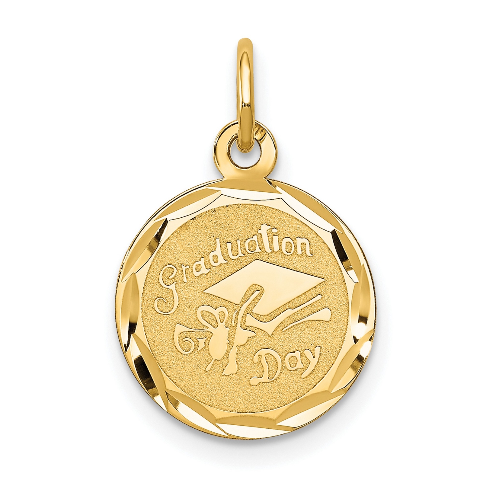 14k Yellow Gold Graduation Day Words and Cap on Round Charm Pendant