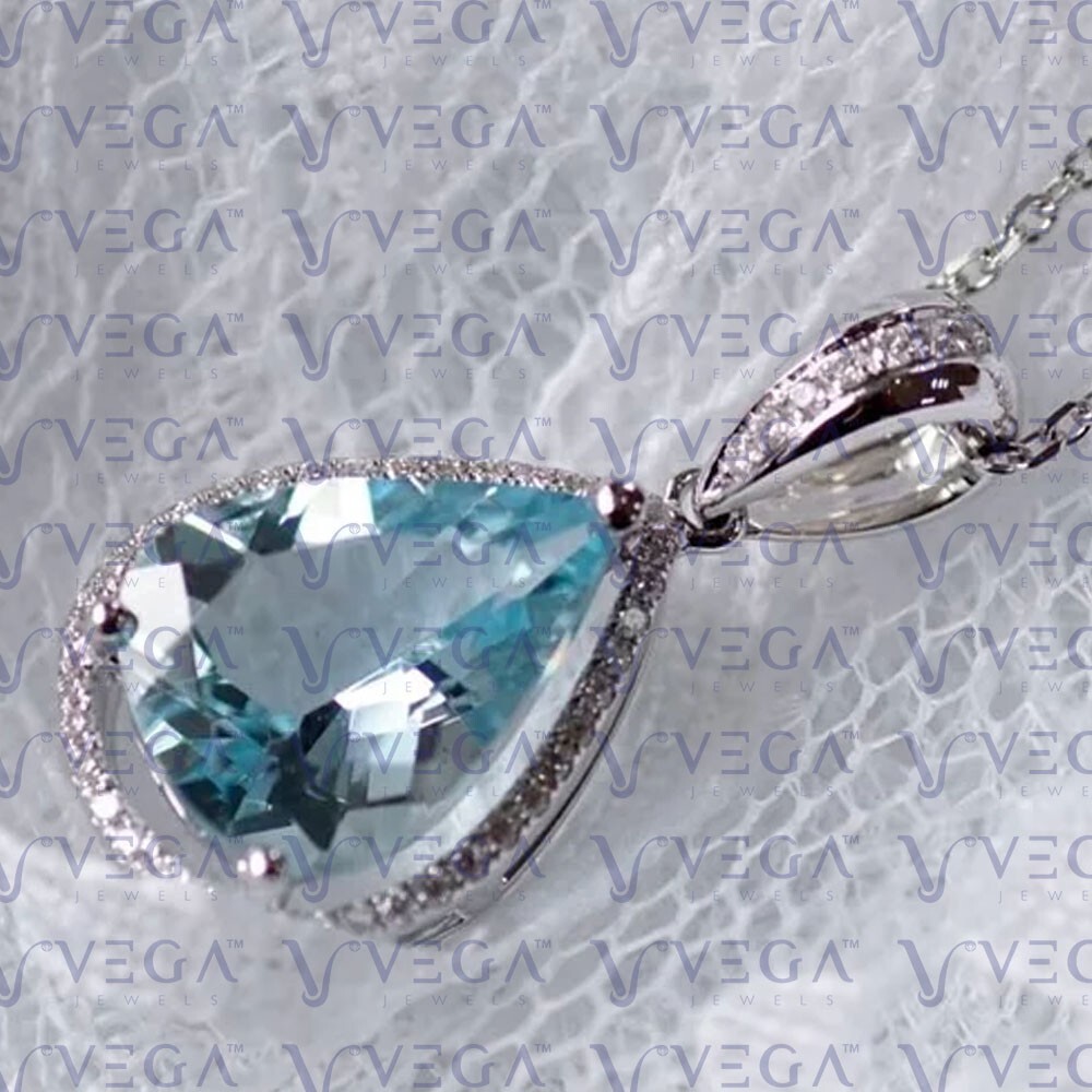 5.14ct Pear Cut Natural Aquamarine Gemstones Diamond Pendant Real 14K White Gold
