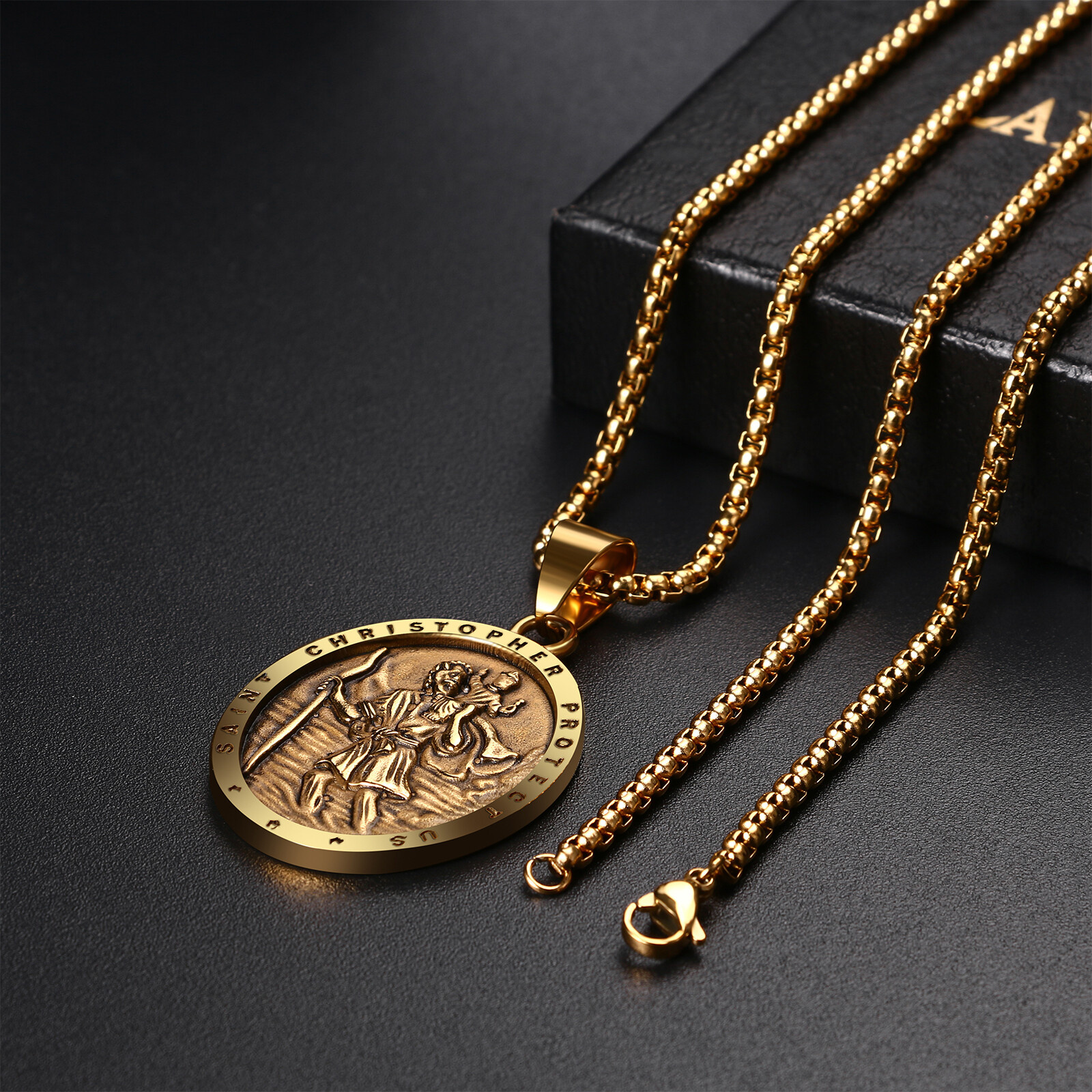 Men Shield Medal Pendant Traveler St Christopher Angel Religious Amulet Necklace