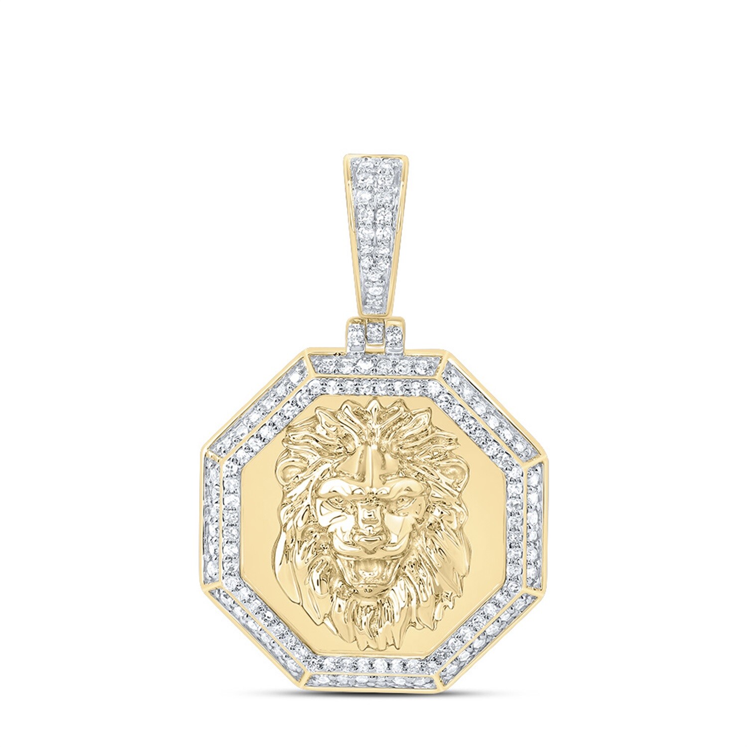 10K Yellow Gold Real Diamond Men’s Roaring Lion Octagon Medallion Pendant 1/2 CT