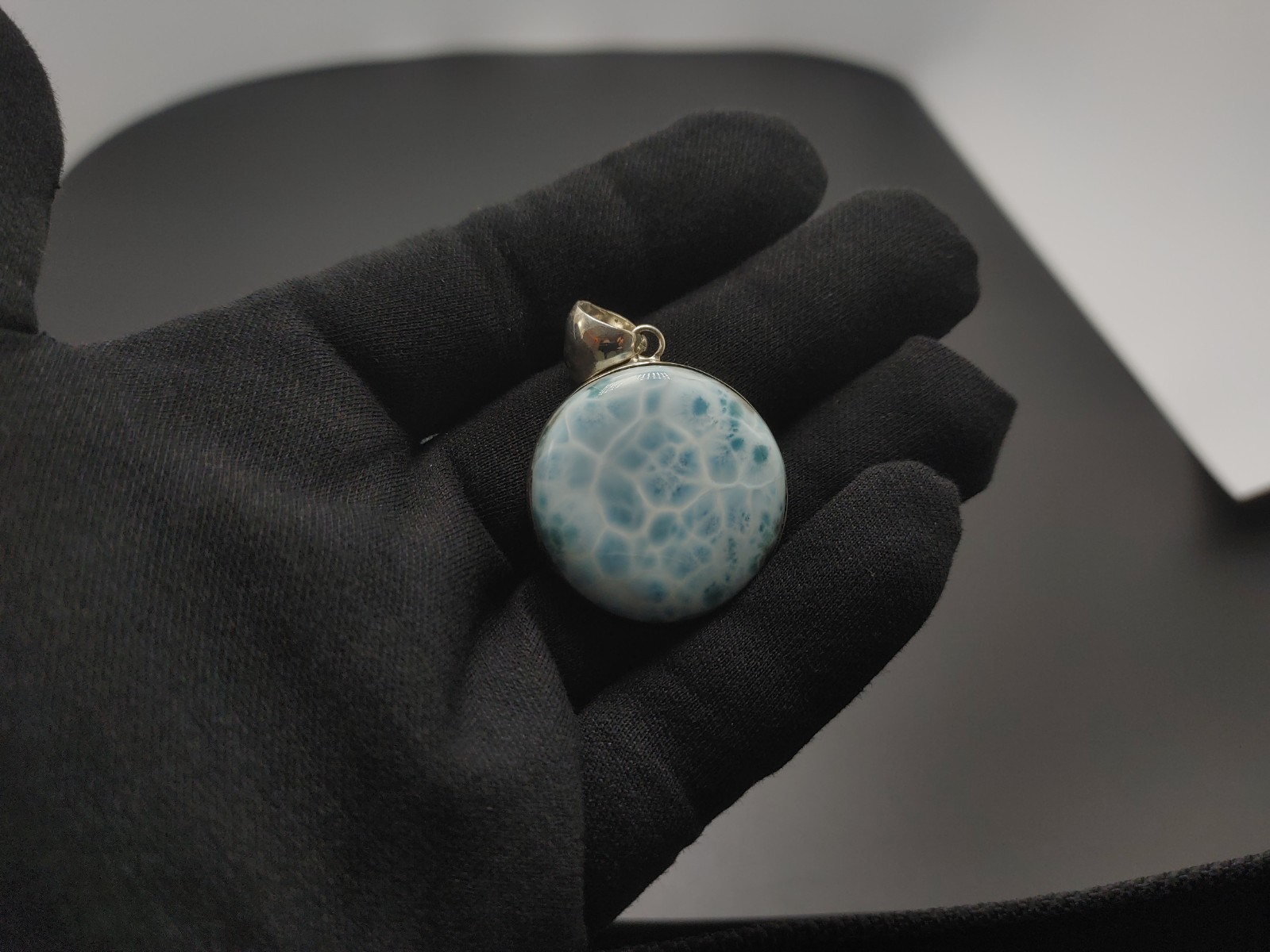 Larimar Circle Pendant- Sterling Silver Setting 23.6 grams