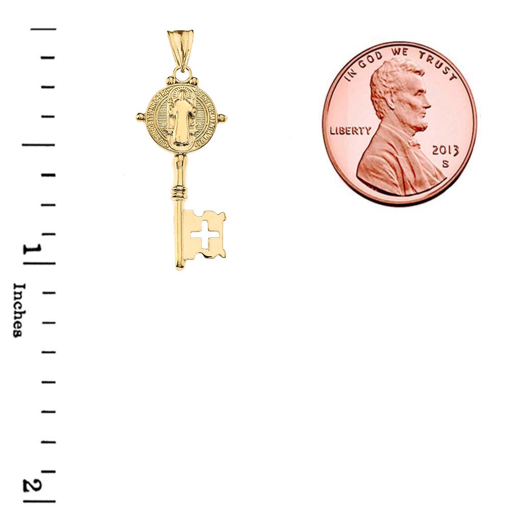 Gold Saint Benedict Double Sided Cross Key Pendant Necklace
