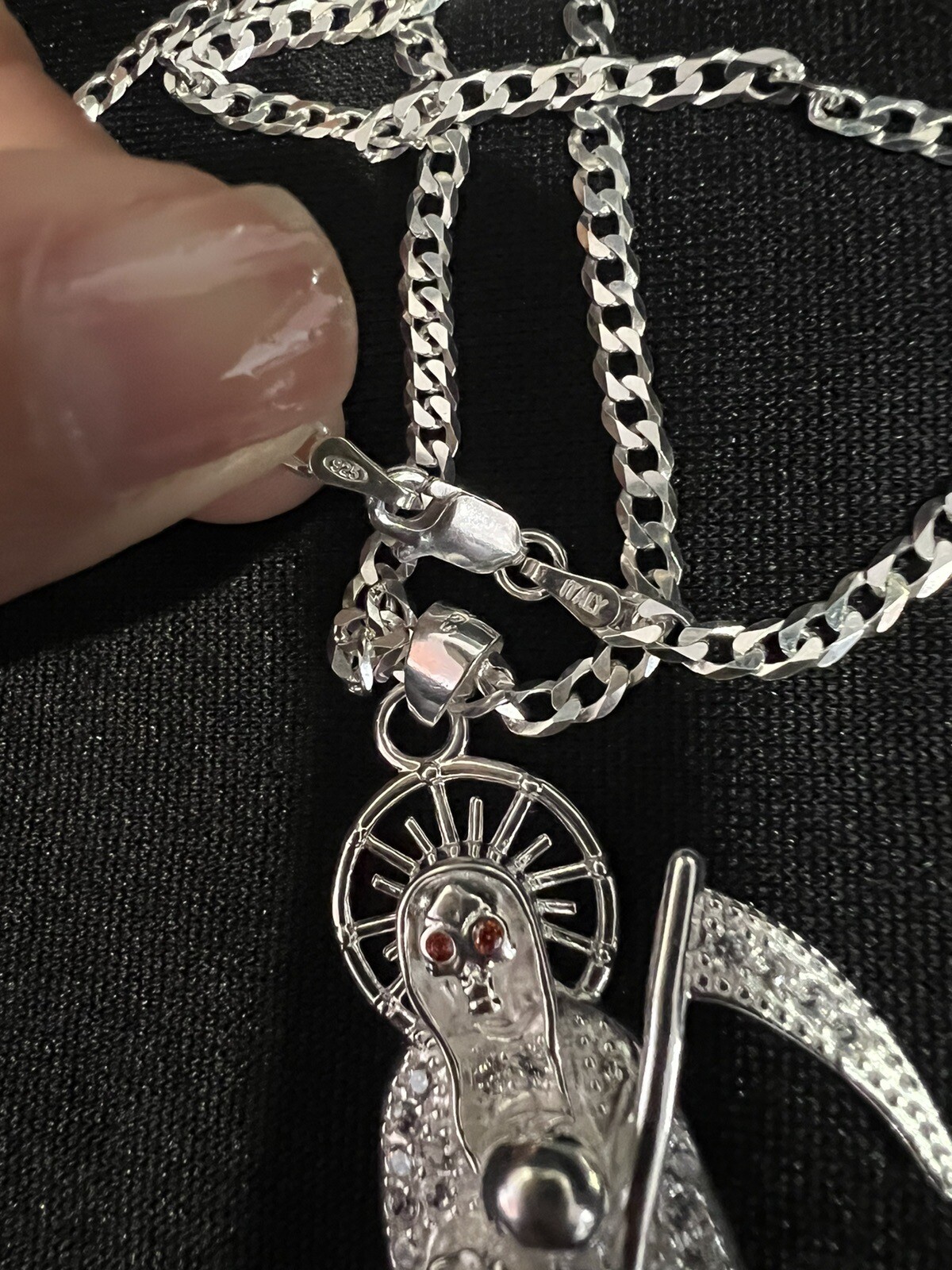 925 Sterling Silver Men CZ Santa Muerte Grim Reaper & Curb Chain 20 24 30