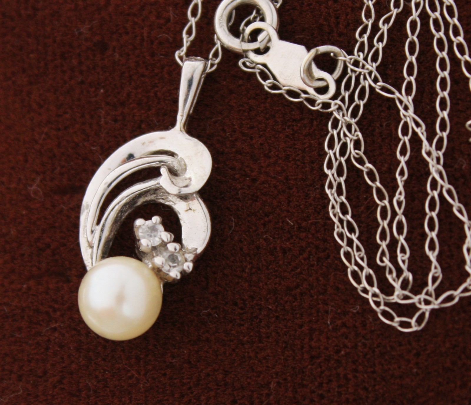 14K Solid White Gold Genuine Pearl, Diamonds Pendant & Chain Necklace 16″ in Box