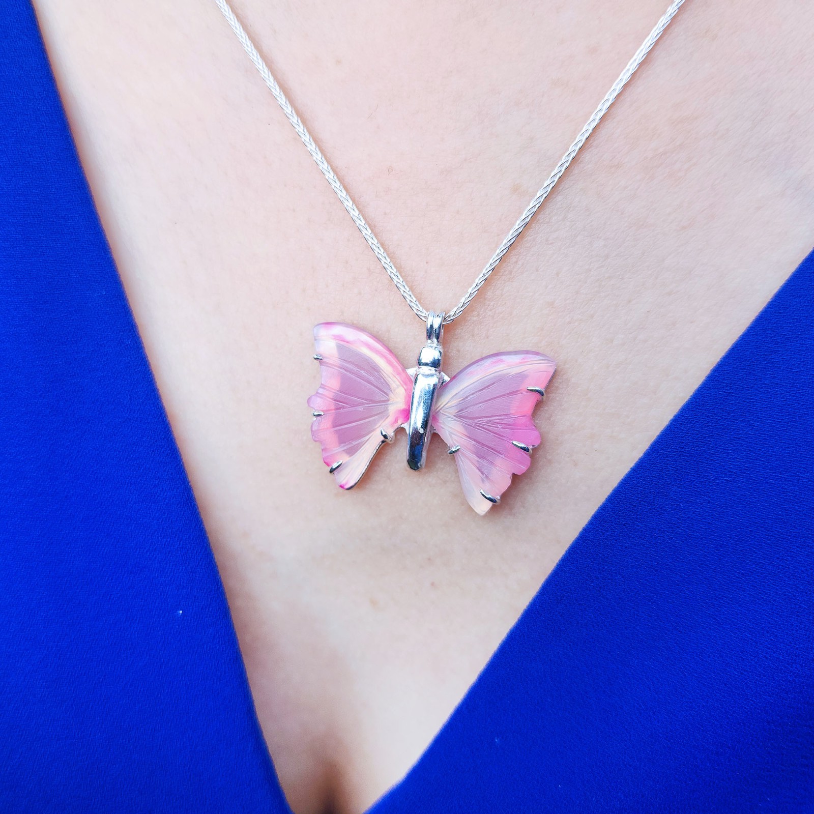 Sterling Silver Butterfly Pink Agate Pendant 18″ Necklace Sweet 16 Jewelry Gift