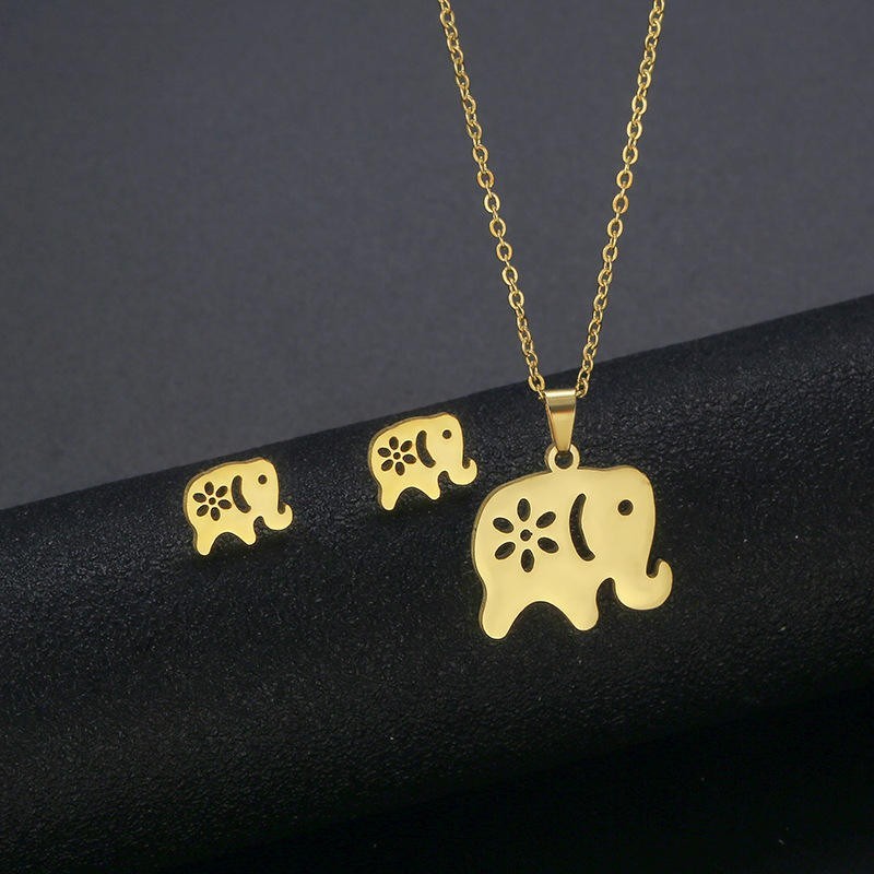 Korean Finger Heart Necklace Earrings Set Gold Stainless Steel Jewelry For Her